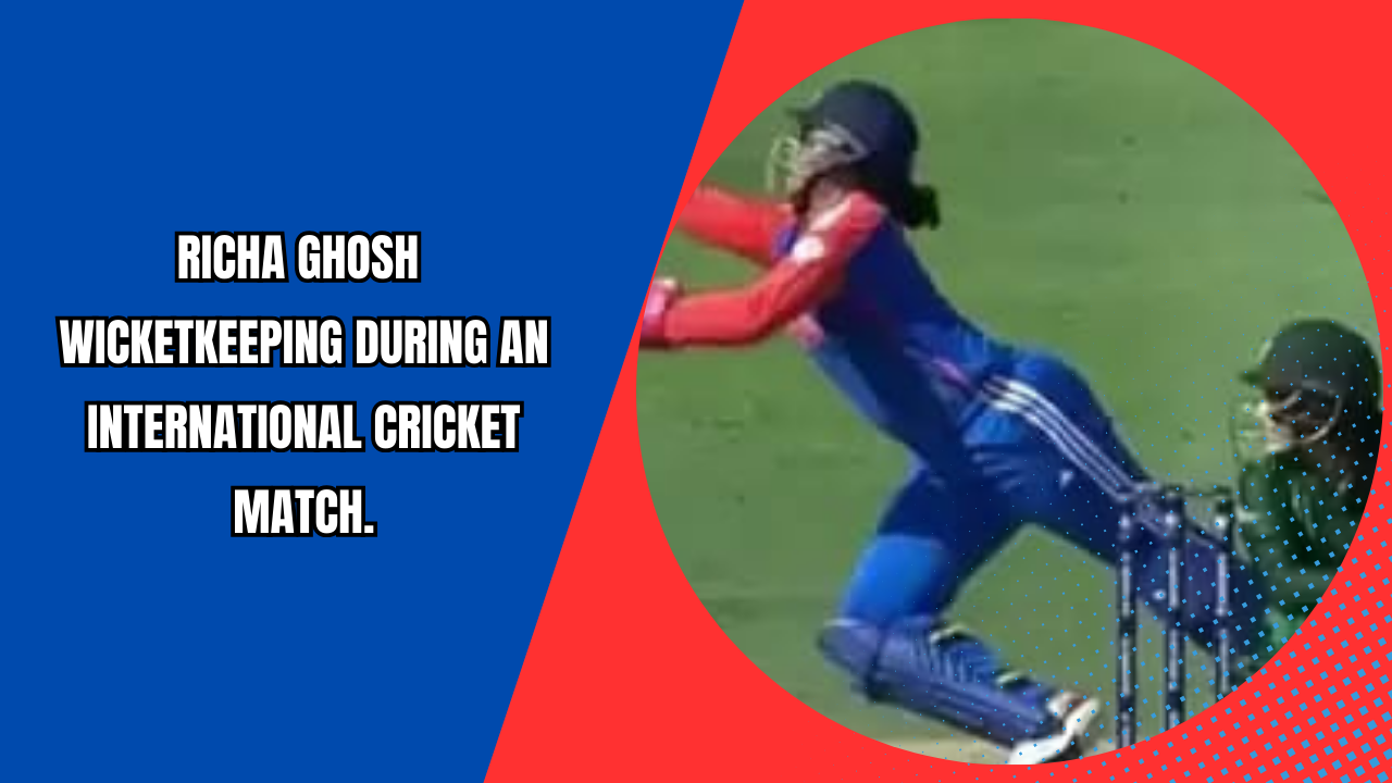 Richa Ghosh wicketkeeping during an international cricket match.