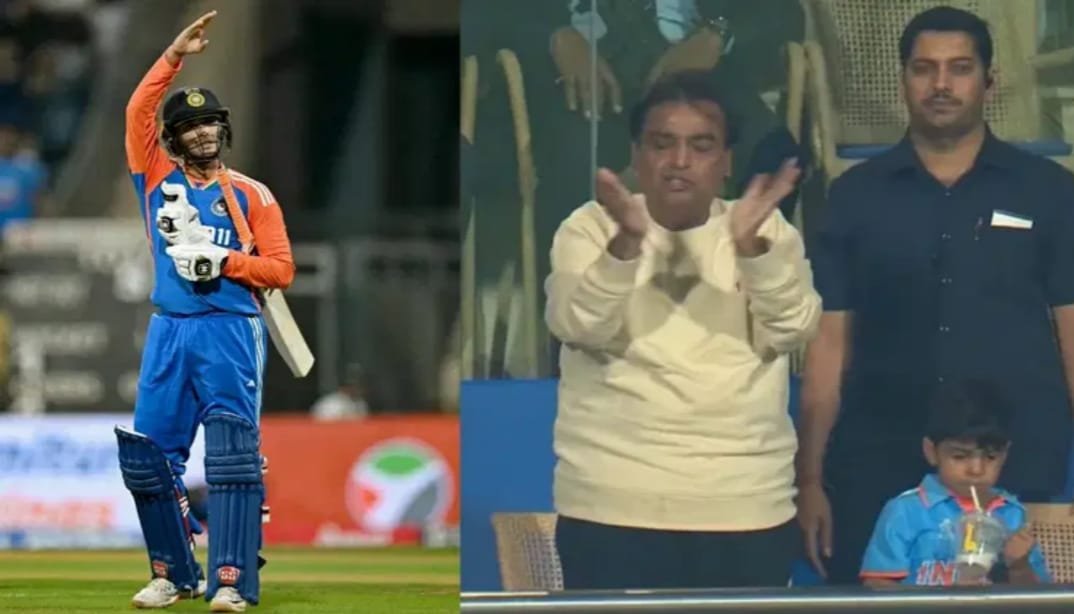 Abhishek Sharma 135 vs England: Epic Knock or Lucky Break? 2 Mukesh Ambani standing and applauding in the stadium, visibly excited after Abhishek Sharma’s six.